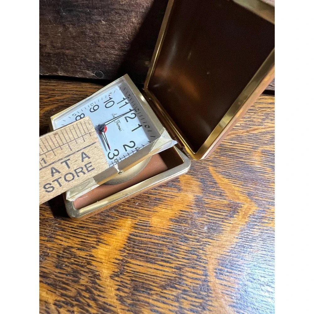 Vintage Seth Thomas Travel Alarm Clock Folding Clamshell Gold Brown Brazil Made